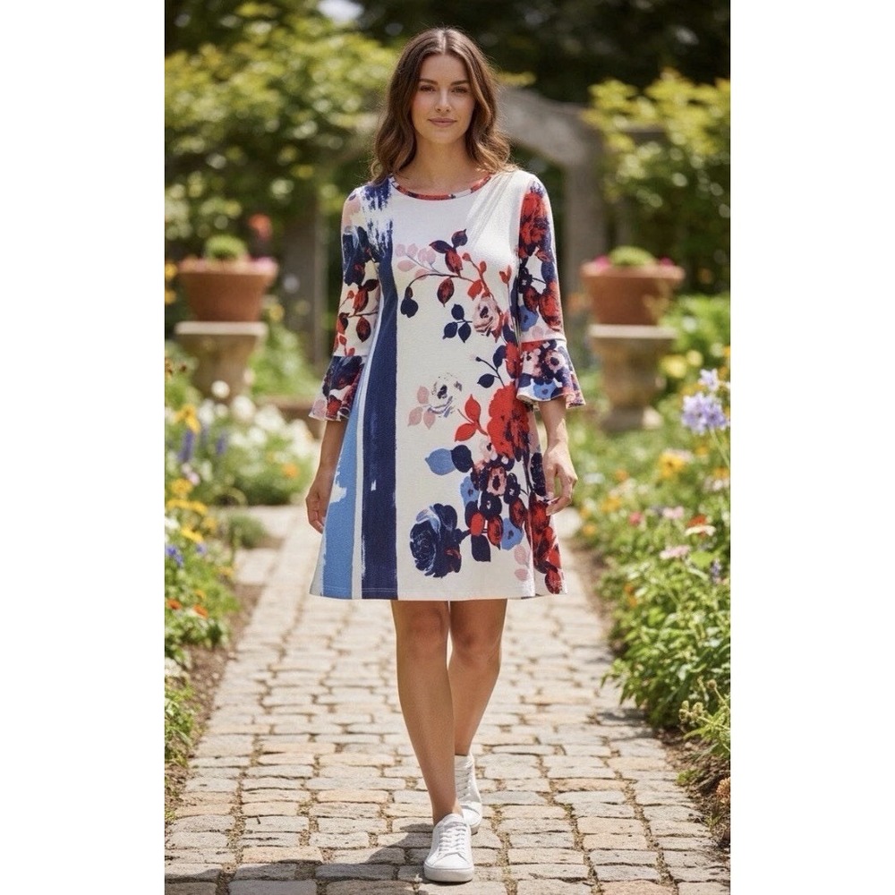 Maeve Anthropologie Floral Abstract Bell Sleeve Shift Dress Red Navy Small